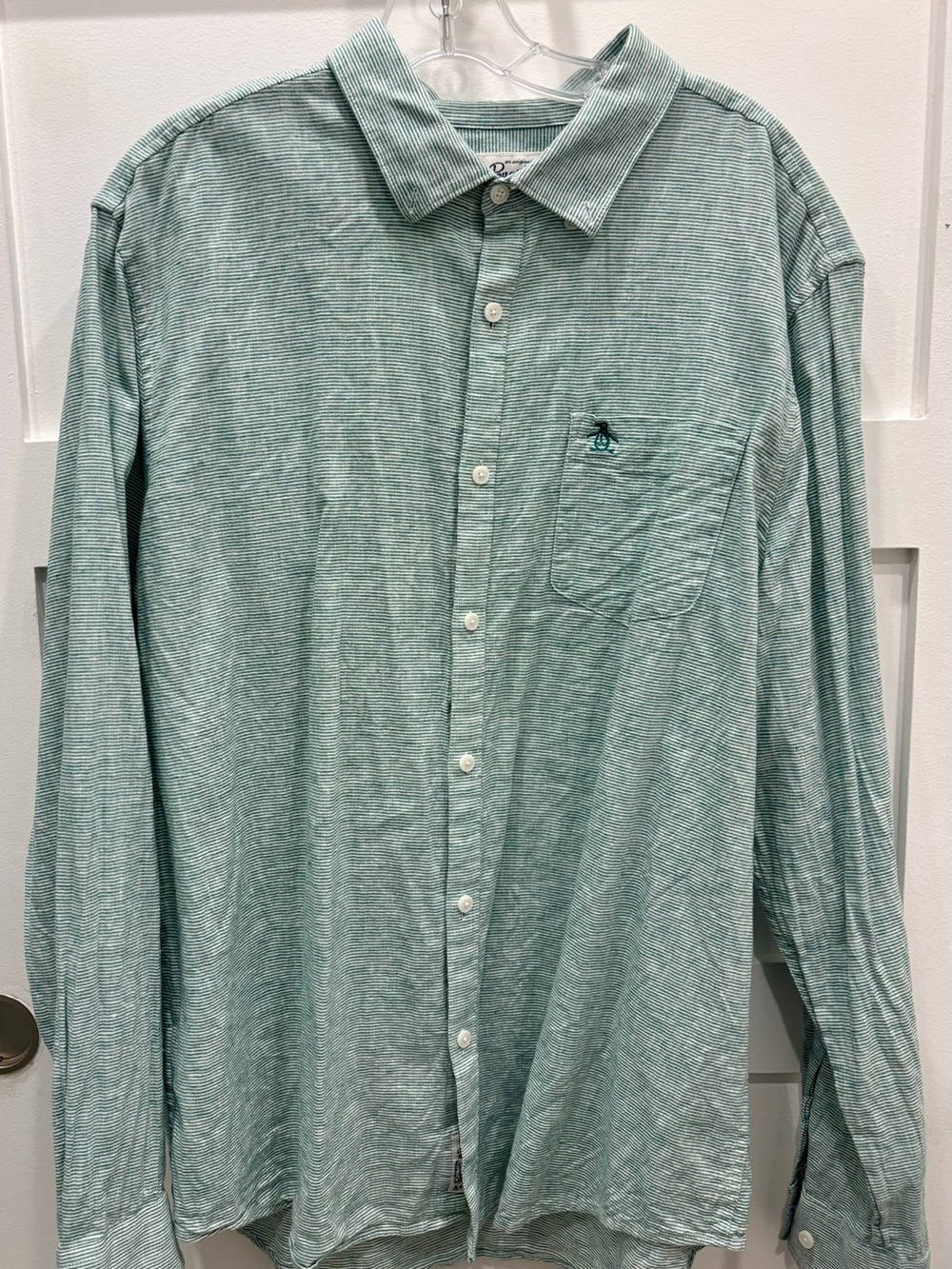 Original Penguin Men's Mint Green Striped Linen Blend Button-Down Shirt